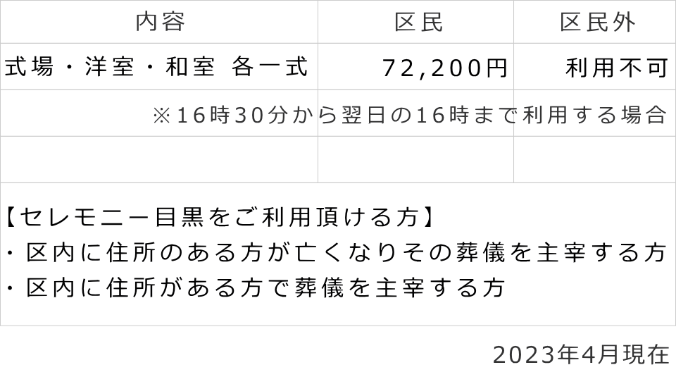 セレモニー目黒　使用料金